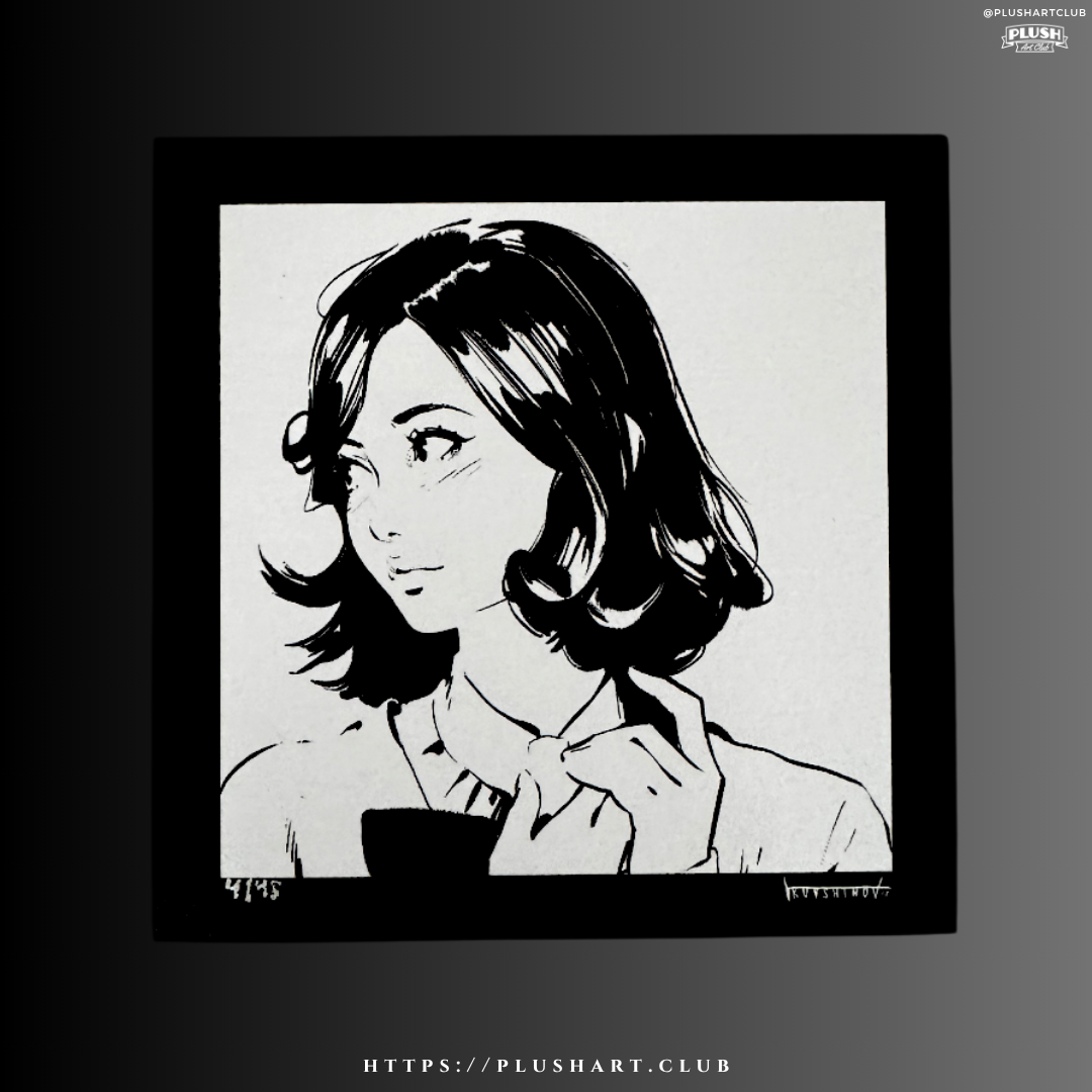 'rose' one color silkscreen art print by Ilya Kuvshinov. 6"x6" published by Plush Art Club. It features a girl drawn in anime style looking to her right on a plain background.