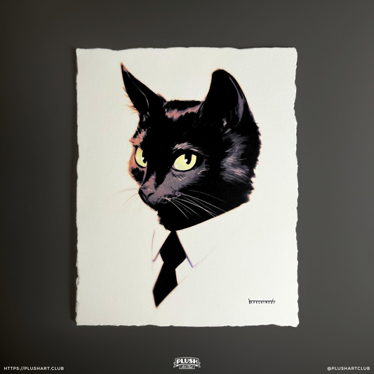 corporation international cat rescue day edition art print by Ilya Kuvshinov. Published by Plush Art Club. It features a well dressed black cat in a tie and collared shirt. Could be an executive or employee.