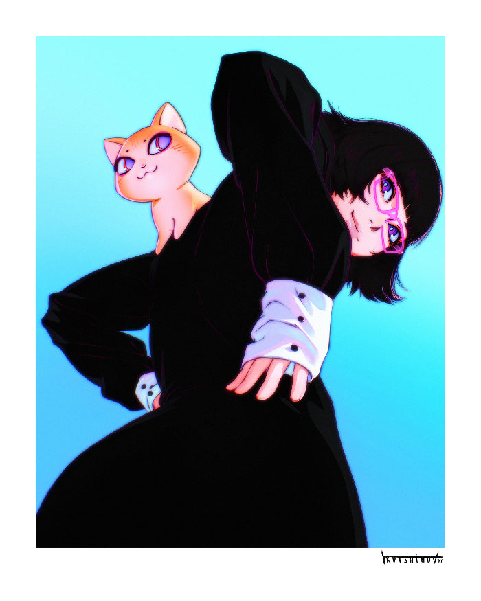 An open-edition giclee print image featuring Ilya Kuvshinov's original characters Lisa & Potato the cat! Released for National Pet Day 2025. Publishd by Plush Art Club x イリヤ・クブシノブ
