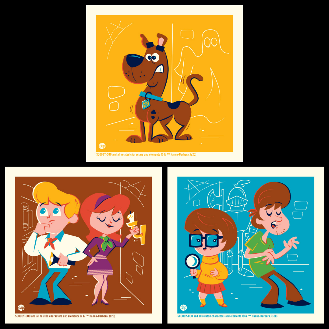 Scooby-Doo three screenprint set featuring the cast of the Hanna-Barbera classic cartoon series: Scooby-Doo, Daphne, Fred, Shaggy, and Velma. Officially licensed by Warner Bros. with art by Dave Perillo.