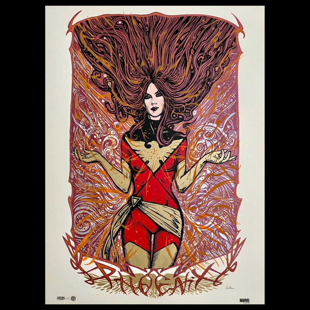 X-Men's Dark Phoenix limited-edition screenprint poster by Malleus. Jean Gray is enveloped in flames as she transforms into Dark Phoenix. This version features the her red suit. Published by Plush Art Club and officially licensed by Marvel Comics.
