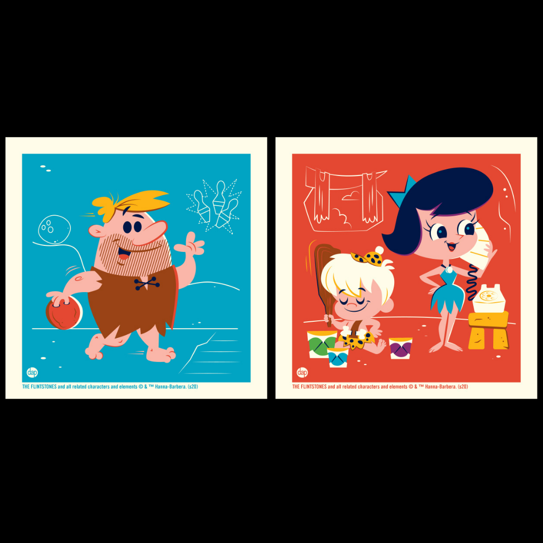 Hanna-Barbera's The Flintstones limited-edition screenprint art featuring Barney Rubble bowling and Betty with Bamm-Bamm.  Artwork by Dave Perillo and published by Plush Art Club. Officially licensed by Warner Bros.