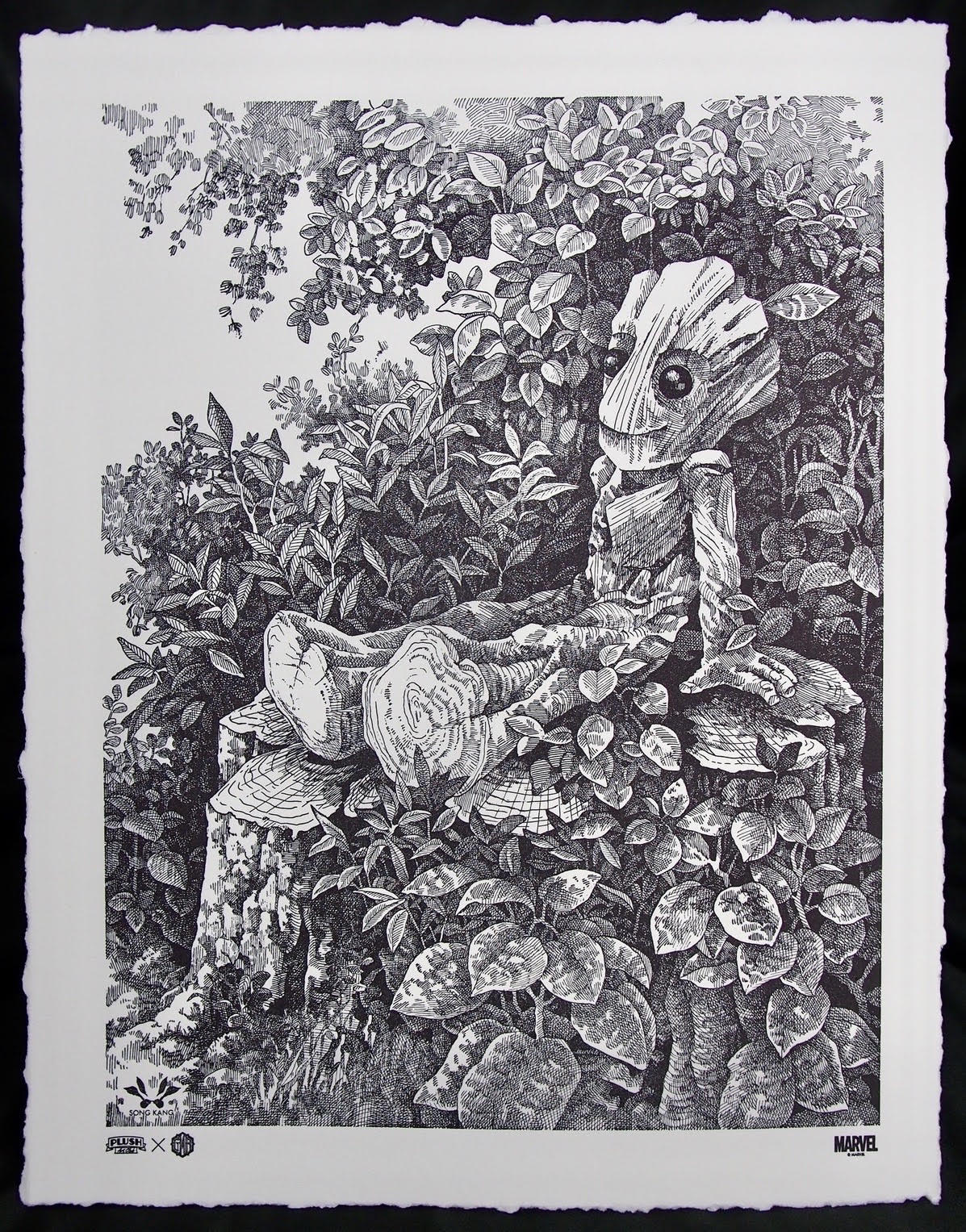 Baby Groot from Guardians of the Galaxy by Song Kang. Limited-edition letterpress art print. Officially licensed by Marvel.