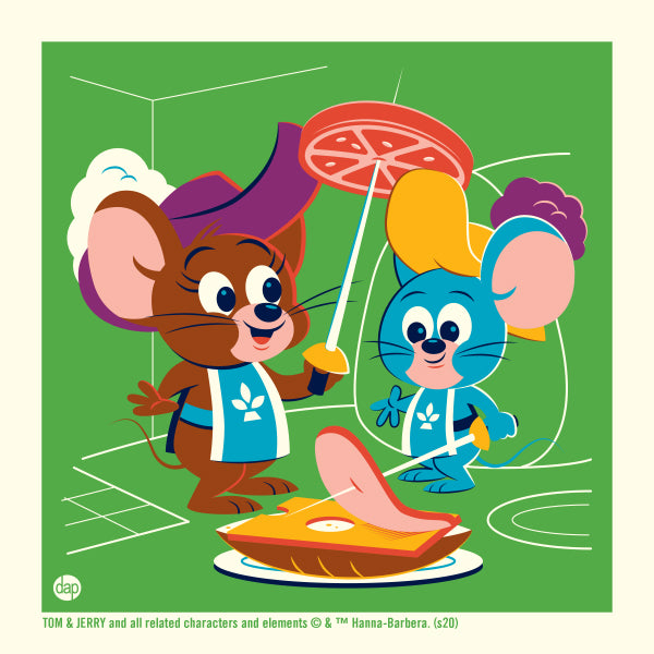 From Tom & Jerry's classic episode the Two-Mouseketeers featuring Jerry and Nibbles in musketeer outfits. Artwork by Dave Perillo. Officially licensed by Warner Bros. / Hanna-Barbera and published by Plush Art Club.