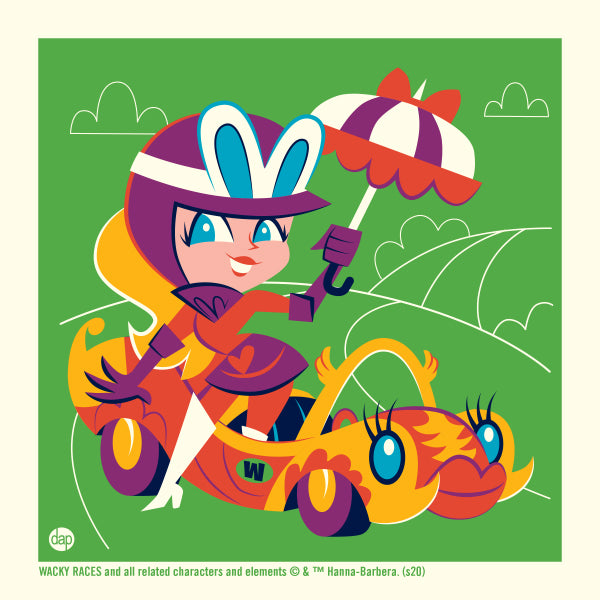 Hanna-Barbera's Wacky Races limited-edition screenprint art featuring Penelope Pitstop in the Compact Pussycat. Artwork by Dave Perillo and published by Plush Art Club. Officially licensed by Warner Bros.