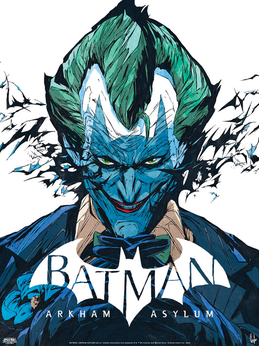 Batman: Arkham Asylum limited-edition screenprint poster by Chun Lo. Officially licensed by Warner Bros / DC Comics.  Features an evil grinning Joker with Batman's shadow cast upon his face.