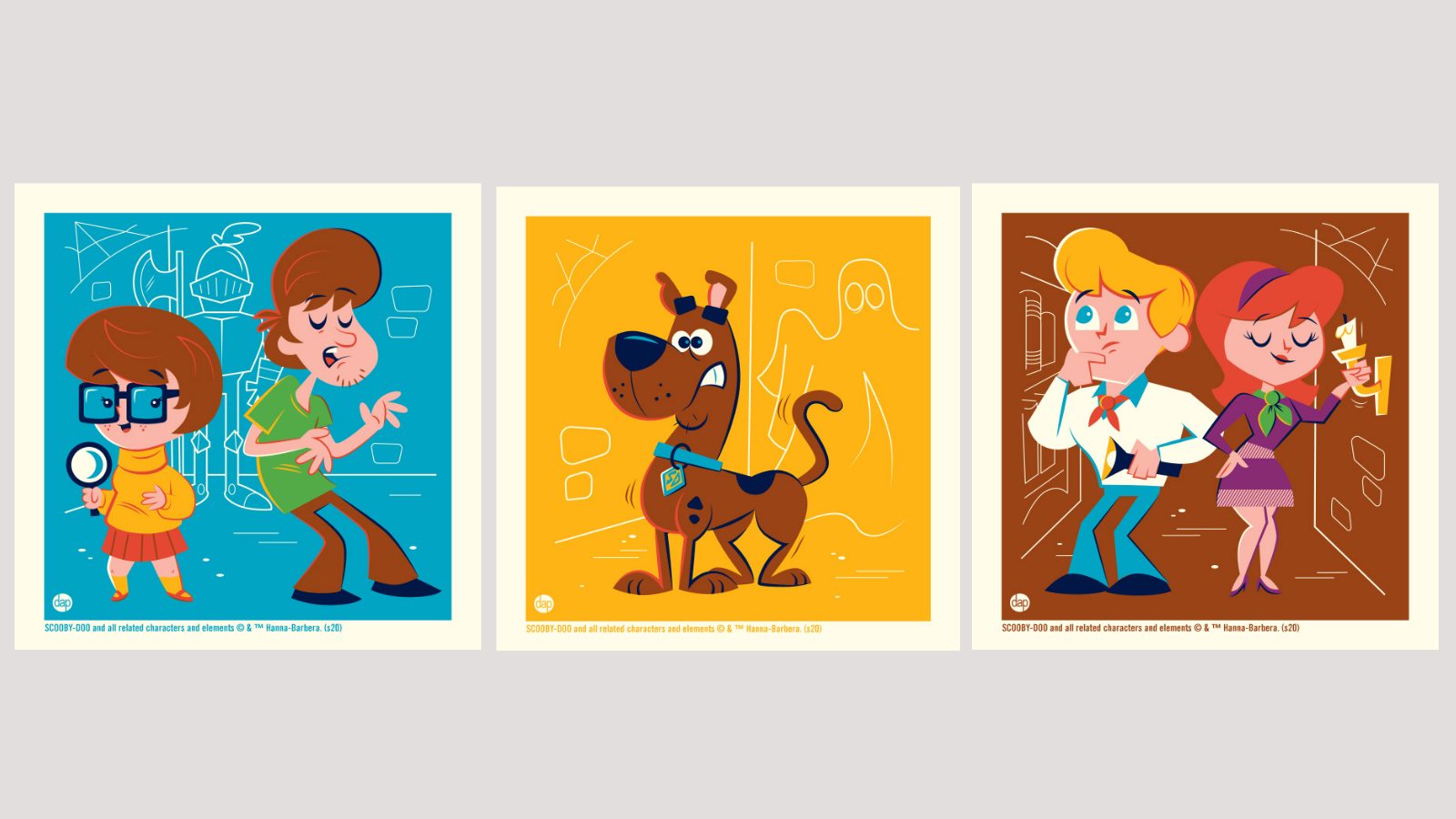 Scooby-Doo three screenprint set featuring the cast of the Hanna-Barbera classic cartoon series: Scooby-Doo, Daphne, Fred, Shaggy, and Velma. Officially licensed by Warner Bros. with art by Dave Perillo.