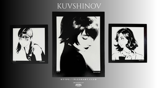 Depicts Ilya Kuvshinov's limited-edition monotone silkscreen art print set. The first print is 'tt' (6"x6") - faeturing a twin-tailed girl. The second print (8"x10") is 'strokes' featuring a short-haired, elegant woman looking downwards. The third print is 'rose' (6"x6") featuring a lady with medium length hair looking to the side. Each is an edition of 45 and is published by Plush Art Club.