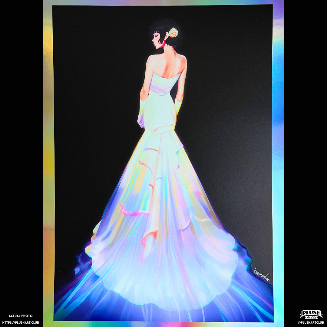 Pearl Hand-Signed Holofoil Special Edition Art Print by Ilya Kuvshinov. 18"x24". Image shows a girl in her beautiful wedding dress with holofoil effects. Published by Plush Art Club.