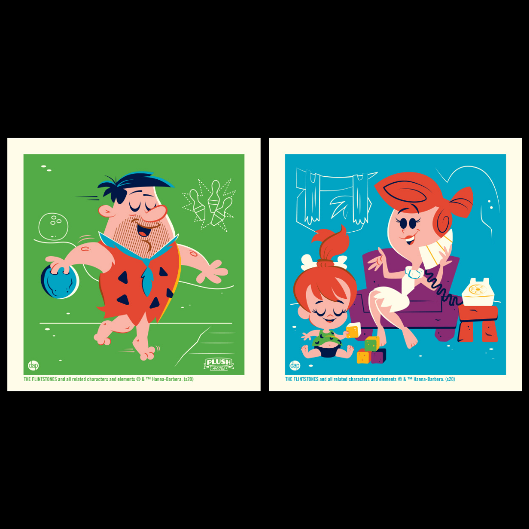 Hanna-Barbera's The Flintstones limited-edition screenprint art set featuring Fred Flintstone bowling and Wilma with Pebbles. Artwork by Dave Perillo and published by Plush Art Club. Officially licensed by Warner Bros.