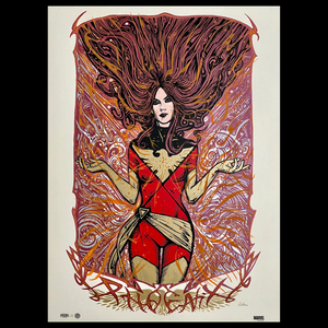 X-Men's Dark Phoenix limited-edition screenprint poster by Malleus. Jean Gray is enveloped in flames as she transforms into Dark Phoenix. This version features the her red suit. Published by Plush Art Club and officially licensed by Marvel Comics.