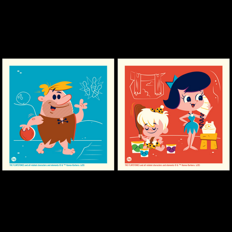 Hanna-Barbera's The Flintstones limited-edition screenprint art featuring Barney Rubble bowling and Betty with Bamm-Bamm.  Artwork by Dave Perillo and published by Plush Art Club. Officially licensed by Warner Bros.