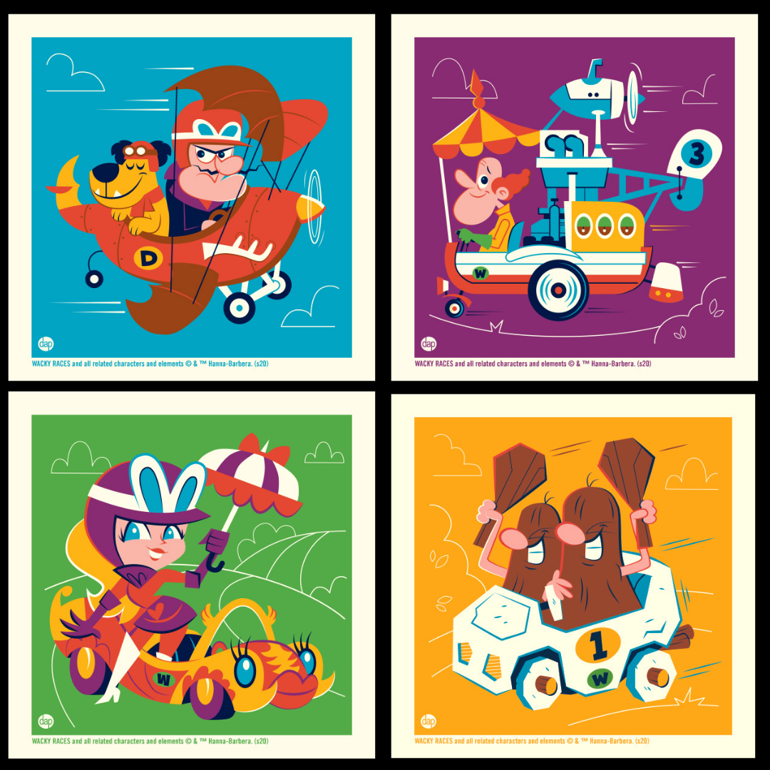 Hanna-Barbera's Wacky Races limited-edition screenprint art set featuring Dick Dastardly, Muttley, Penelope Pitstop, Professor Pat Pending, and The Slag Brothers. Artwork by Dave Perillo and published by Plush Art Club. Officially licensed by Warner Bros.