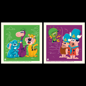 Hanna-Barbera's The Flintstones limited-edition screenprint art set featuring Dino, Baby Puss, Woolly and The Great Gazoo with Fred and Barney. Artwork by Dave Perillo and published by Plush Art Club. Officially licensed by Warner Bros.