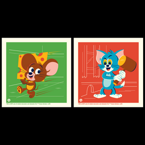 Tom & Jerry limited-edition art print set by Dave Perillo. Jerry is carrying cheese and Tom is waiting for Jerry with a mallet. Officially licensed by Warner Bros / Hanna Barbera and published by Plush Art Club.