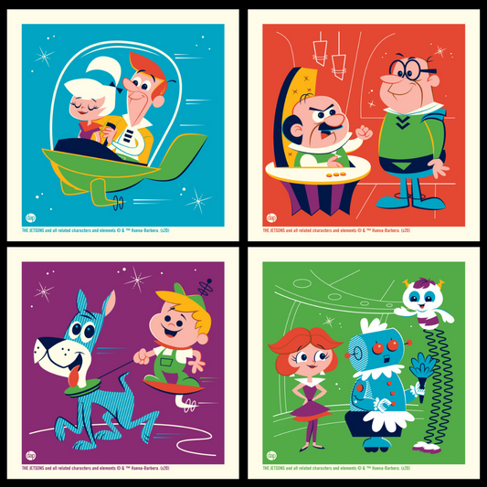Hanna-Barbera's The Jetsons limited-edition screenprint art set featuring George, Judy, Jane, Elroy, Astro, Orbitty, Rosy, Mr. Spacely, and Cogswell. Artwork by Dave Perillo and published by Plush Art Club. Officially licensed by Warner Bros.