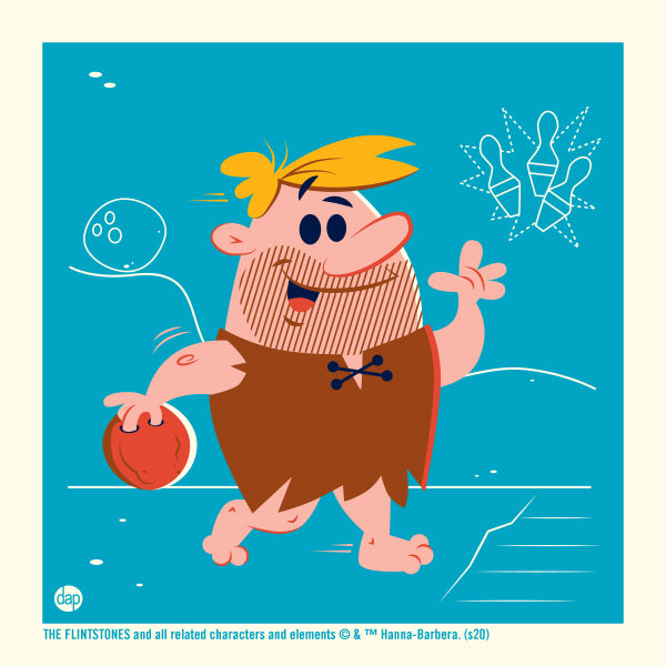 Hanna-Barbera's The Flintstones limited-edition screenprint art featuring Barney Rubble bowling.  Artwork by Dave Perillo and published by Plush Art Club. Officially licensed by Warner Bros.