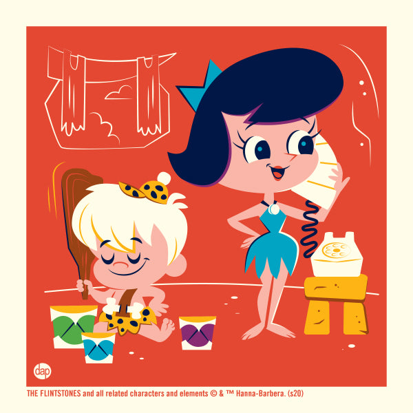 Hanna-Barbera's The Flintstones limited-edition screenprint art featuring Betty Rubble on the phone and Bamm-Bamm playing.  Artwork by Dave Perillo and published by Plush Art Club. Officially licensed by Warner Bros.