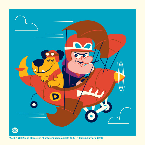 Hanna-Barbera's Wacky Races limited-edition screenprint art featuring Dick Dastardly and Muttley. Artwork by Dave Perillo and published by Plush Art Club. Officially licensed by Warner Bros. Inspired by Dastardly and Muttley in their Flying Machines as part of the Vulture Squadron.