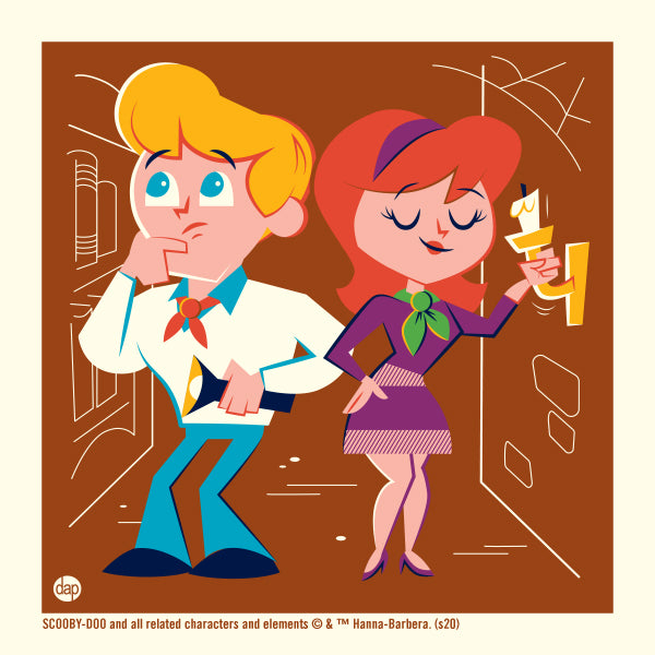Fred and Daphne from Hanna-Barbera's Scooby-Doo series. Officially licensed art print by Dave Perillo for Plush Art Club.