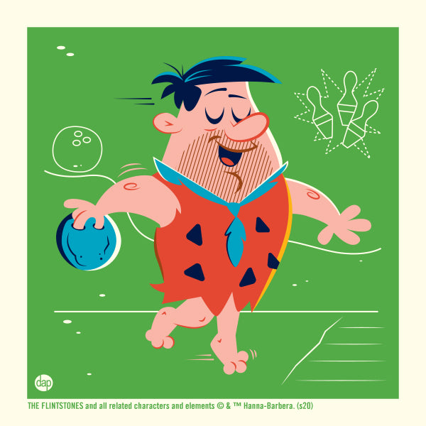 Hanna-Barbera's The Flintstones limited-edition screenprint art featuring Fred Flintstone bowling.  Artwork by Dave Perillo and published by Plush Art Club. Officially licensed by Warner Bros.