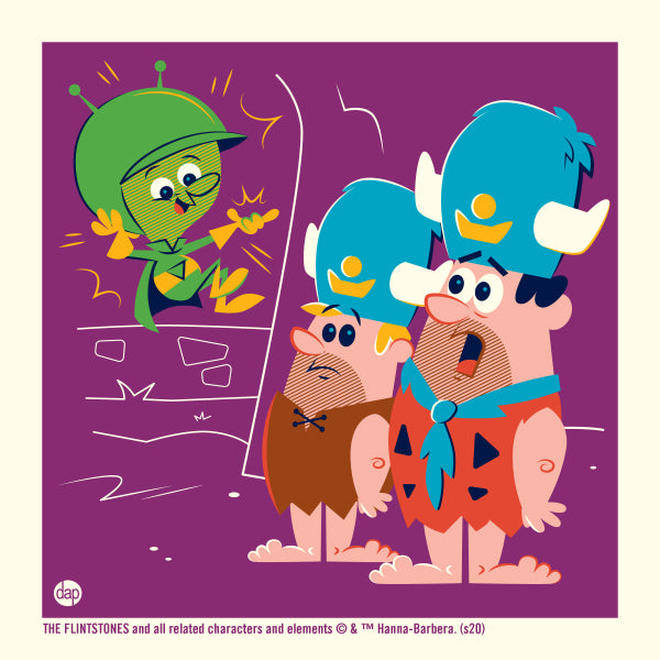 Hanna-Barbera's The Flintstones limited-edition screenprint art featuring  The Great Gazoo with Fred and Barney. Artwork by Dave Perillo and published by Plush Art Club. Officially licensed by Warner Bros.