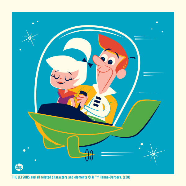 Hanna-Barbera's The Jetsons limited-edition screenprint art featuring George and Judy Jetson. Artwork by Dave Perillo and published by Plush Art Club. Officially licensed by Warner Bros.