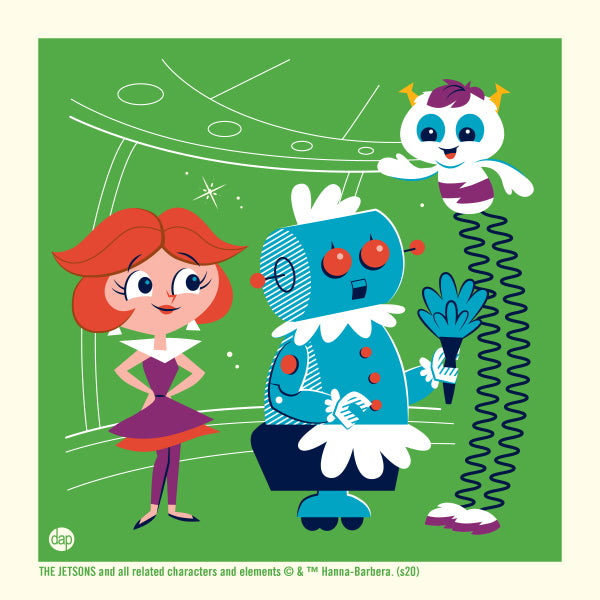 Hanna-Barbera's The Jetsons limited-edition screenprint art featuring Jane Jetson, Rosy, and Orbitty. Artwork by Dave Perillo and published by Plush Art Club. Officially licensed by Warner Bros.