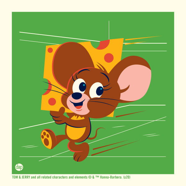 Jerry from Tom and Jerry limited-edition art print by Dave Perillo. Jerry is holding a piece of cheese. Officially-licensed by Warner Bros. / Hanna-Barbera. Published by Plush Art Club.