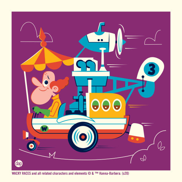 Hanna-Barbera's Wacky Races limited-edition screenprint art featuring Professor Pat Pending in the Convert-a-Car. Artwork by Dave Perillo and published by Plush Art Club. Officially licensed by Warner Bros.