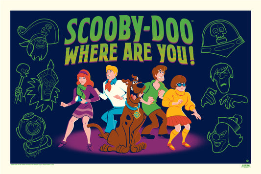 Scooby-Doo Where Are You! officially-licensed limited-edition screenprint poster by Dave Perillo, published by Plush Art Club.  Features, Scooby-Doo, Velma, Shaggy, Fred, and Daphne from the Hanna-Barbera classic tv series.