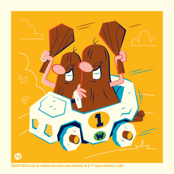 Hanna-Barbera's Wacky Races limited-edition screenprint art featuring The Slag Brothers - Rock and Gravel -- in the Bouldermobile. Artwork by Dave Perillo and published by Plush Art Club. Officially licensed by Warner Bros.