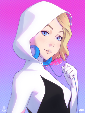 Marvel Spider-Gwen: Ghost-Spider Art Print Edition by Ilya Kuvshinov. Limited-Edition Screenprint poster. This Marvel's Spider-Gwen is depicted in Ilya Kuvshinov's signature anime-style and she's wearing a pair of blue headphones. Officially-licensed by Marvel and available at Plush Art Club.