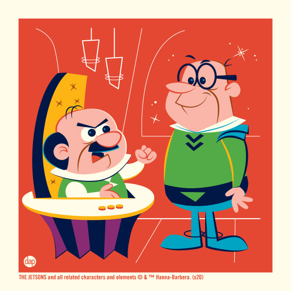 Hanna-Barbera's The Jetsons limited-edition screenprint art featuring Mr. Spacely and Cogswell. Artwork by Dave Perillo and published by Plush Art Club. Officially licensed by Warner Bros.