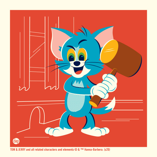 Tom from Tom and Jerry limited-edition art print by Dave Perillo. Tom is holding a hammer waiting for Jerry. Officially-licensed by Warner Bros. / Hanna-Barbera. Published by Plush Art Club.