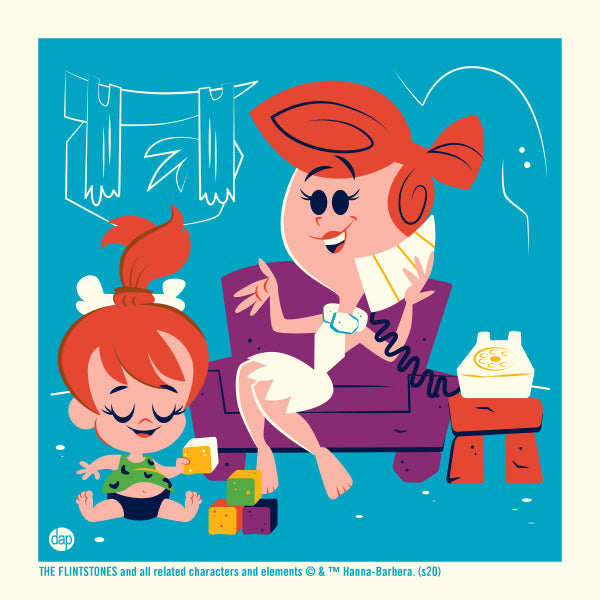 Hanna-Barbera's The Flintstones limited-edition screenprint art featuring Wilma Flintstone talking on the phone and Pebbles playing with toys. Artwork by Dave Perillo and published by Plush Art Club. Officially licensed by Warner Bros.