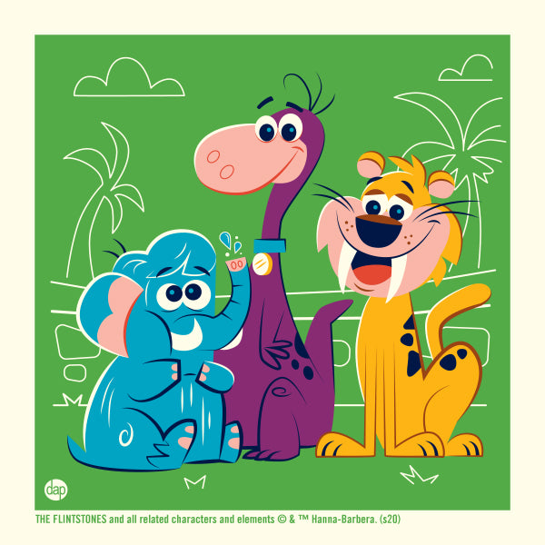 Hanna-Barbera's The Flintstones limited-edition screenprint art featuring Woolly, Baby Puss, and Dino. Artwork by Dave Perillo and published by Plush Art Club. Officially licensed by Warner Bros.